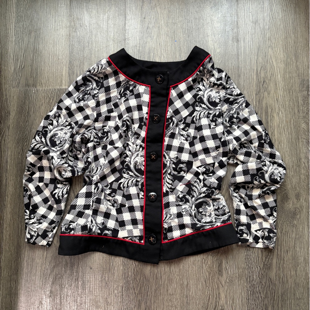 Black and White Checkered Jacket with Red Trim